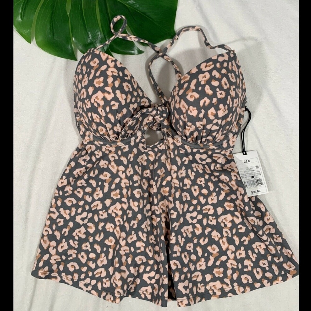 NWT $40 Shade & Shore Cabana‎ Light Lift Tie Front Tankini Top [SZ 32D ] - Picture 4 of 13